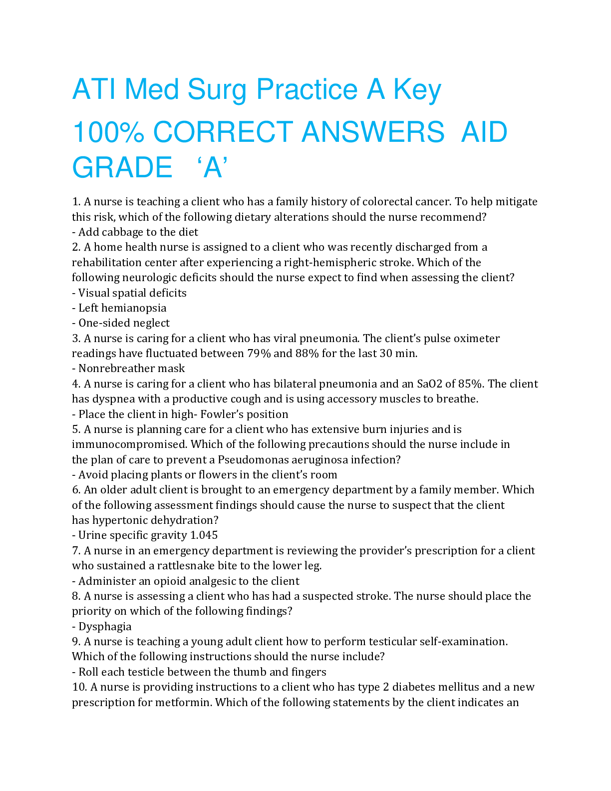 Preview of ATI Med Surg Practice A Key 100% CORRECT ANSWERS  AID GRADE   ‘A’
